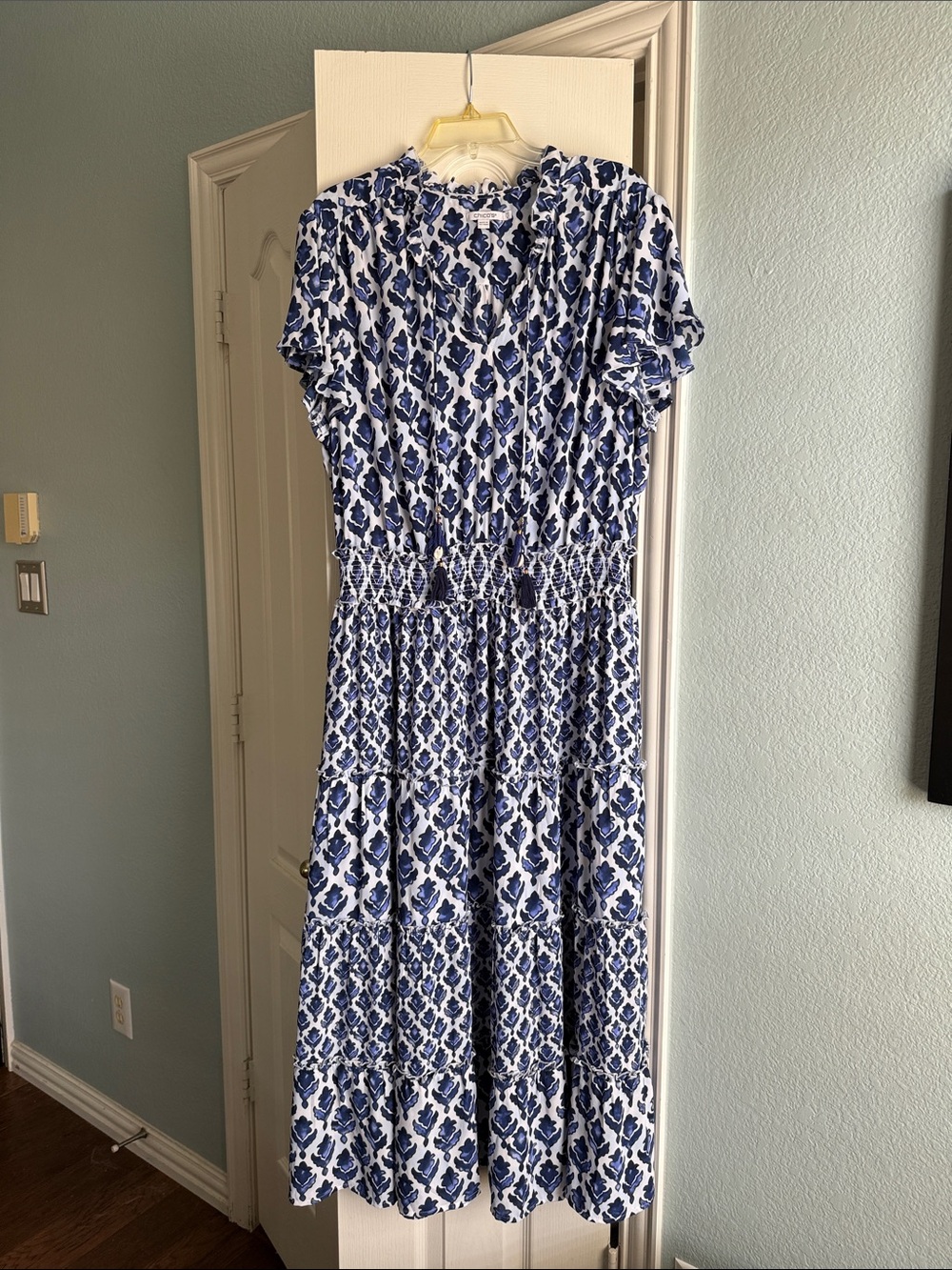 Chico's Blue and White Printed Tiered Midi Dress, Size 3.5